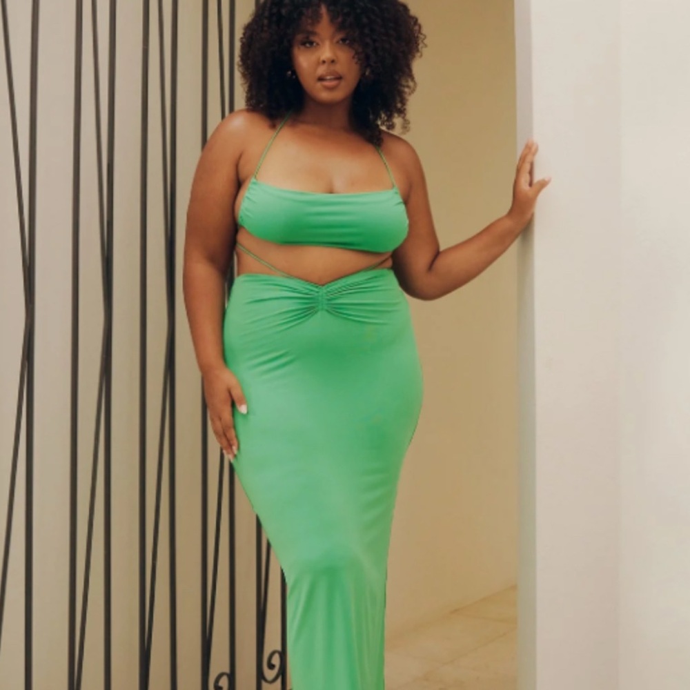 Meshki Green Maxi Pencil Skirt Set with Tie Front